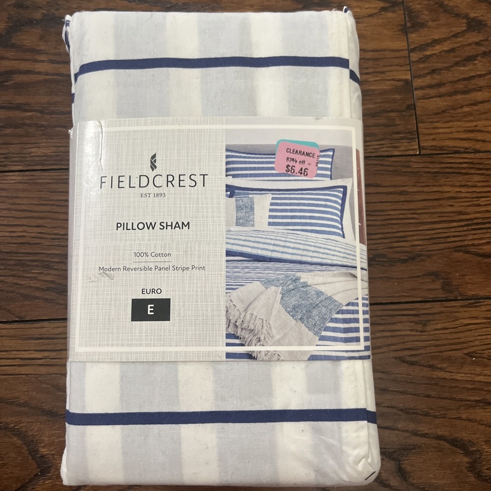 Fieldcrest 100% Cotton Panel Stripe Blue Euro Pillow Sham 26" x 26" Gray